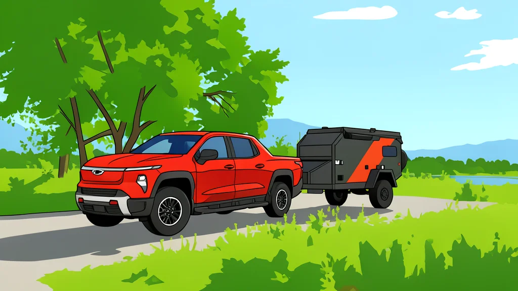 A large electric pickup truck parked on a gravel road in a rural landscape
