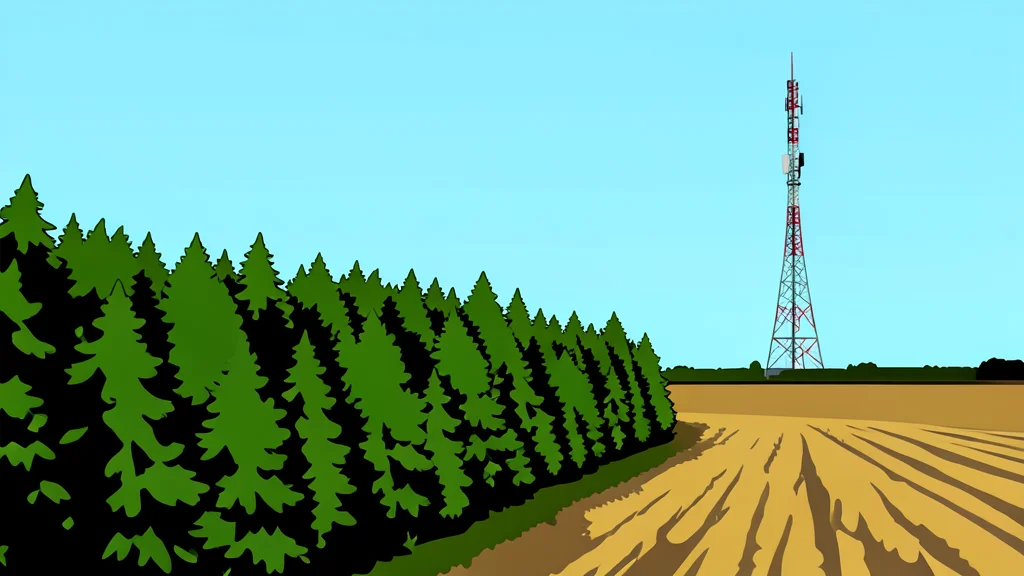 A dense forest bordering a flat agricultural field with a tall telecommunications tower standing in the distance