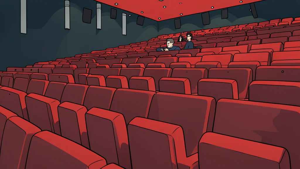 A darkened cinema auditorium with rows of empty seats facing a blank white screen