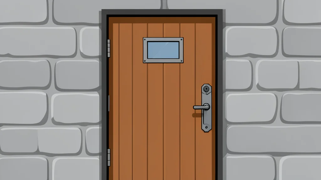 A closed wooden door with a heavy metal lock and a small window, set in a stone wall.