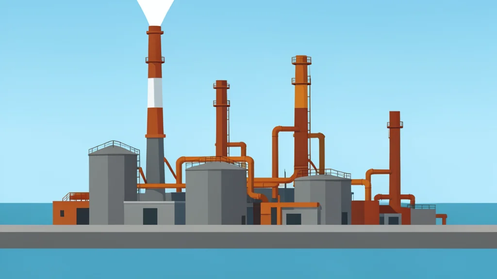 A large industrial oil refinery complex with tall smokestacks and storage tanks situated near a coastline