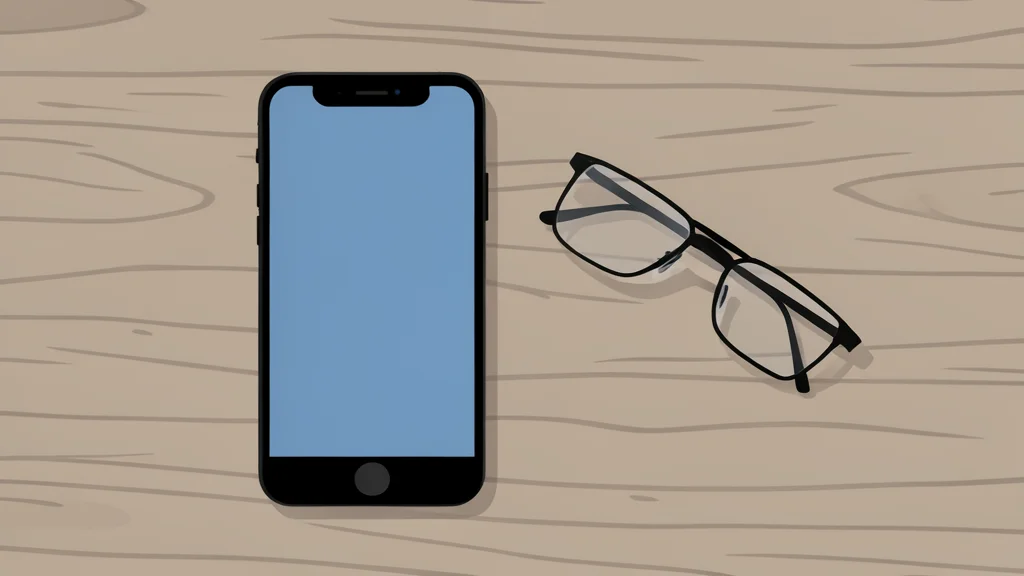 A smartphone resting on a wooden table next to a pair of reading glasses