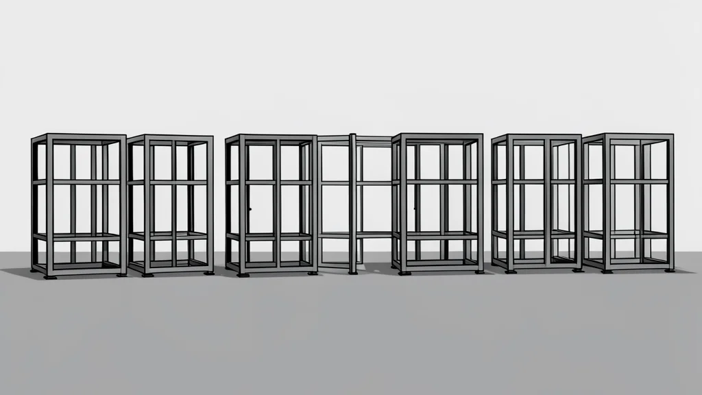 A row of small, rectangular metal cages standing on a concrete floor