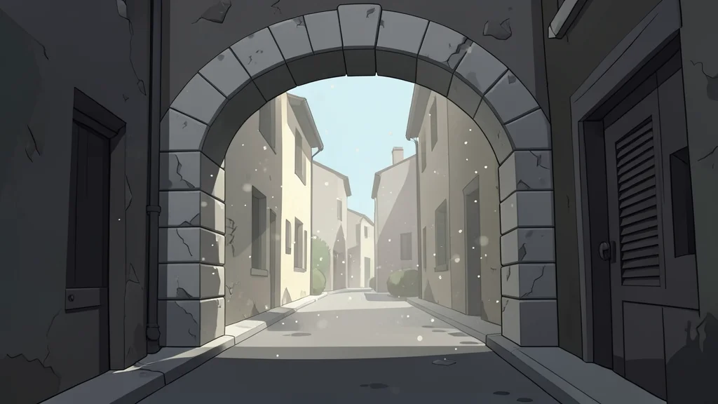 A weathered stone archway in a narrow alleyway, with dust motes floating in the shafts of light