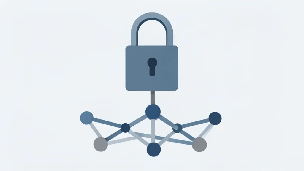 A digital padlock hovering over a network of connected nodes