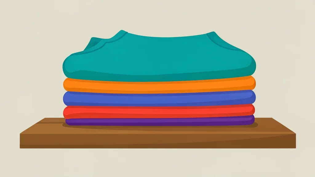 A neatly folded stack of colorful athletic leggings on a wooden shelf