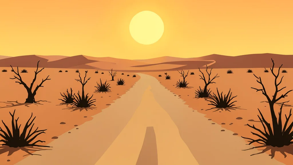 A long, dusty road stretching into an arid landscape under a bright sun, with sparse, dry vegetation on the sides.
