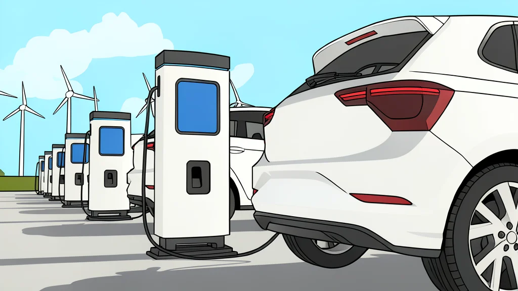 A modern electric vehicle charging station with a cable plugged into a car port, set against a backdrop of a gas station pump.