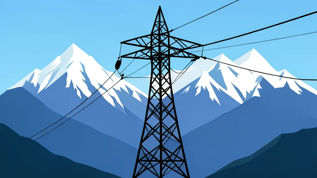 A high-voltage power transmission tower standing against a backdrop of snow-capped Himalayan peaks