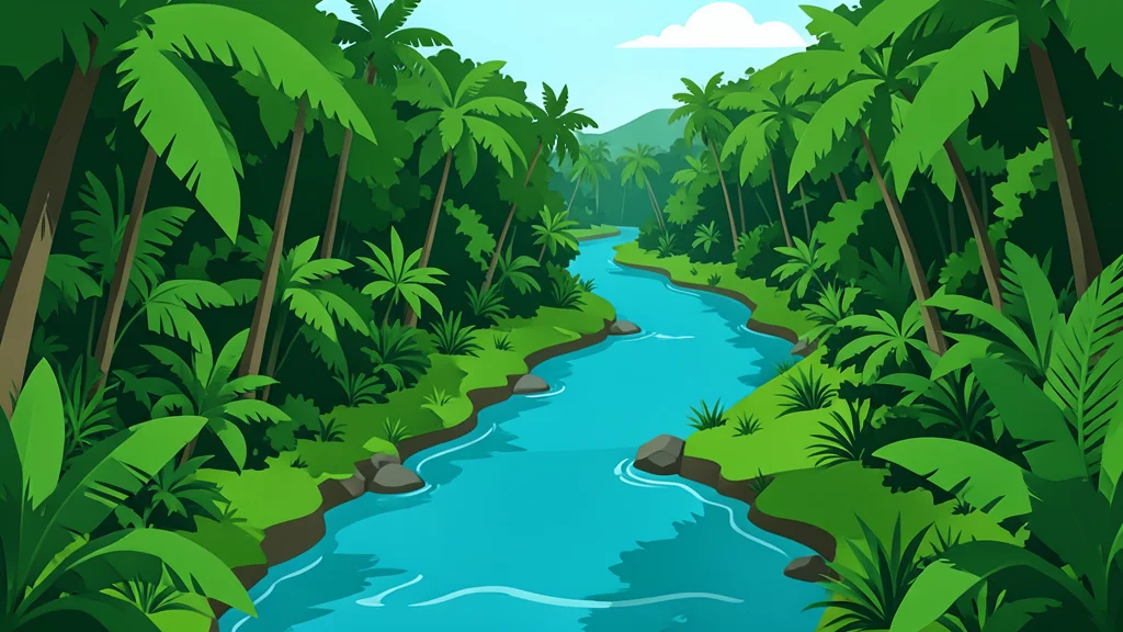 A wide, meandering river cuts through a dense, vibrant green tropical forest under a soft, diffuse light.
