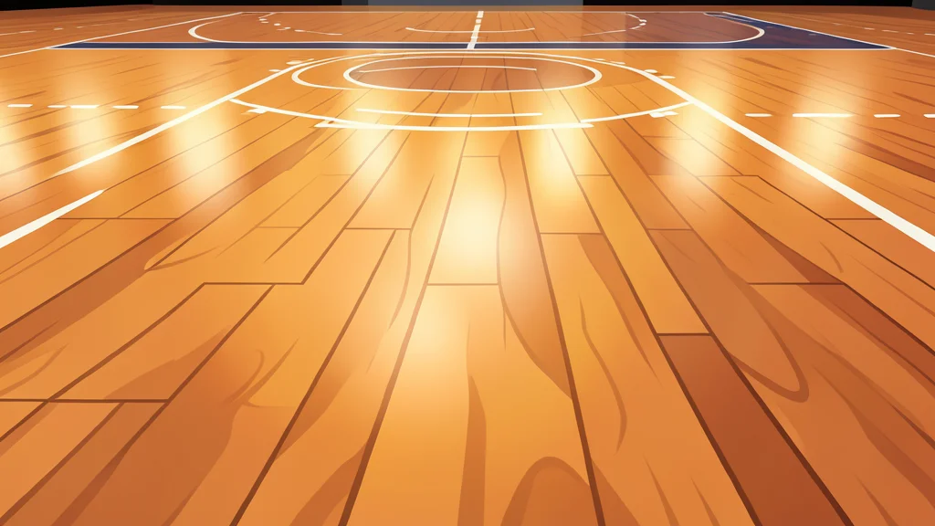 A polished hardwood basketball court with a center circle and painted key area