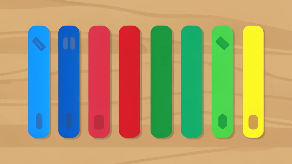 A collection of colorful, flexible wrist straps arranged in a neat row on a wooden surface
