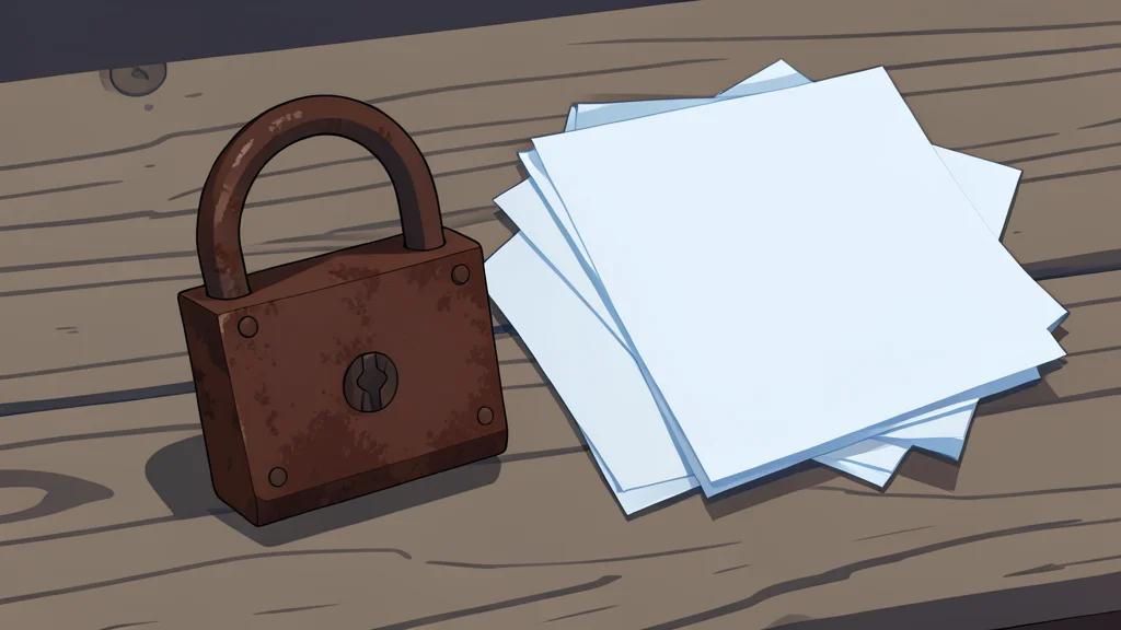 A heavy iron padlock resting on a wooden desk next to a stack of paper documents