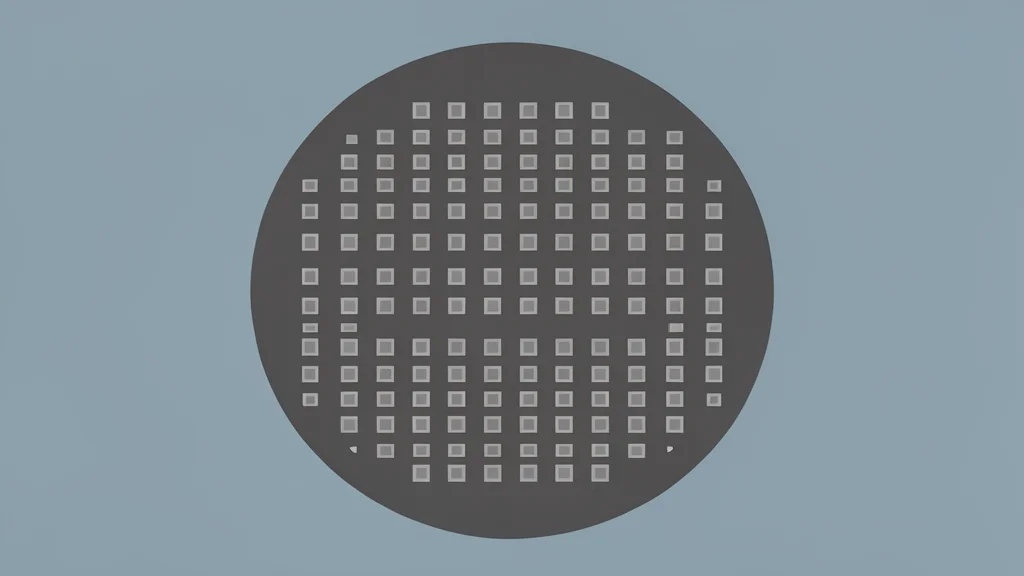 A close-up view of a silicon wafer with a grid of square integrated circuits