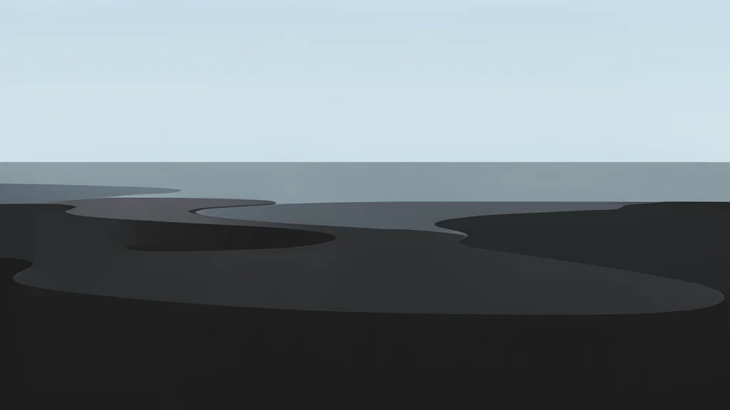 A vast expanse of dark, viscous liquid oil spreading across a calm body of water under a hazy sky