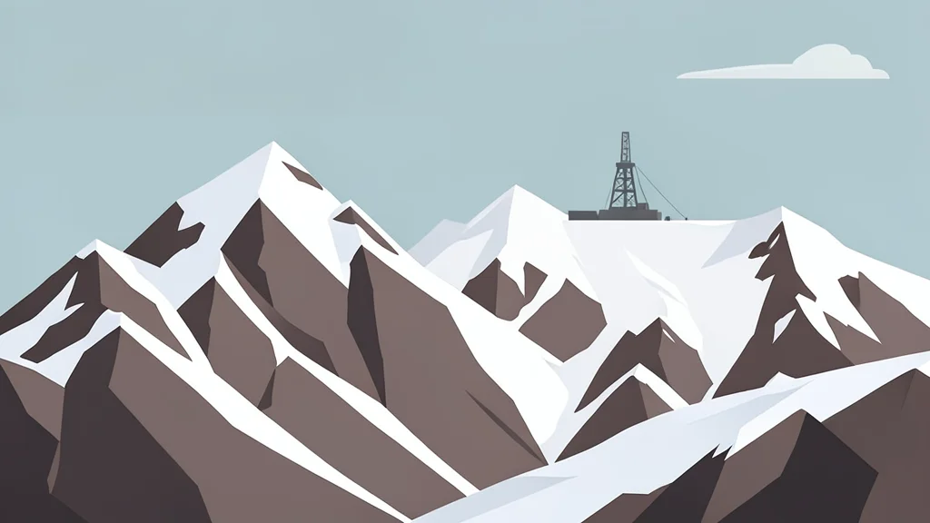 A rugged, snow-covered mountain landscape with exposed rock faces and a distant drilling rig structure