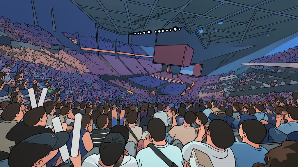 A wide, empty modern arena with rows of sleek gaming stations and a central stage under bright spotlights.
