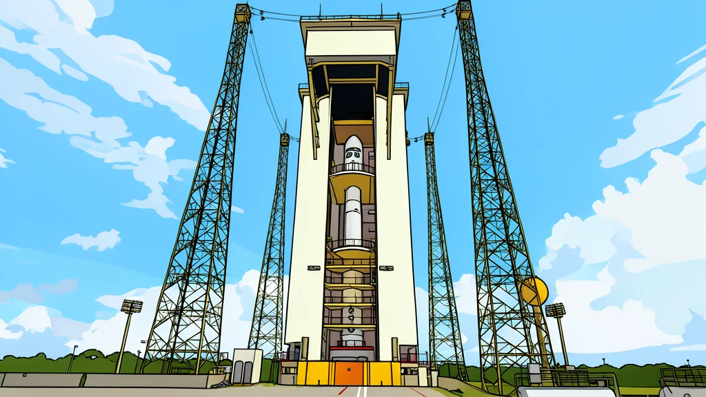 A tall, slender white rocket stands vertically on a launch pad surrounded by dense tropical foliage.