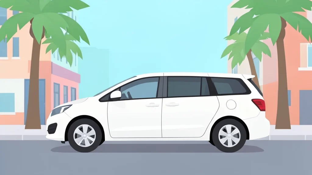 A white electric minivan parked on a city street with palm trees in the background