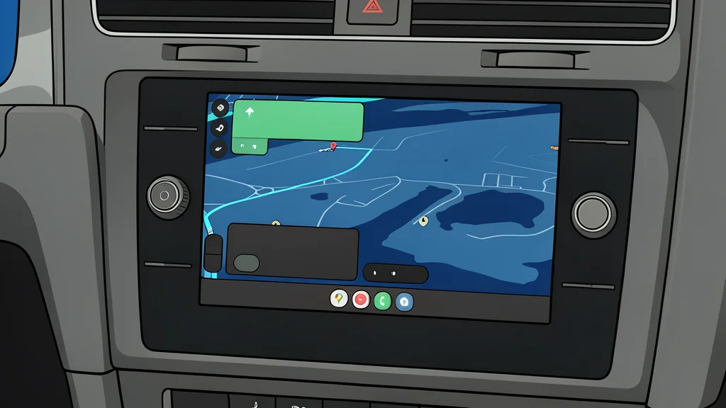 A flat vector illustration of a car dashboard with a smartphone mounted, showing a simplified map interface without any text or numbers.