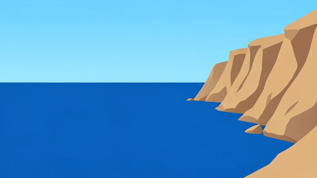 A calm stretch of deep blue sea bordered by arid, rocky coastline cliffs