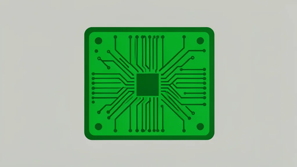 A close-up view of a green silicon wafer with intricate circuit patterns