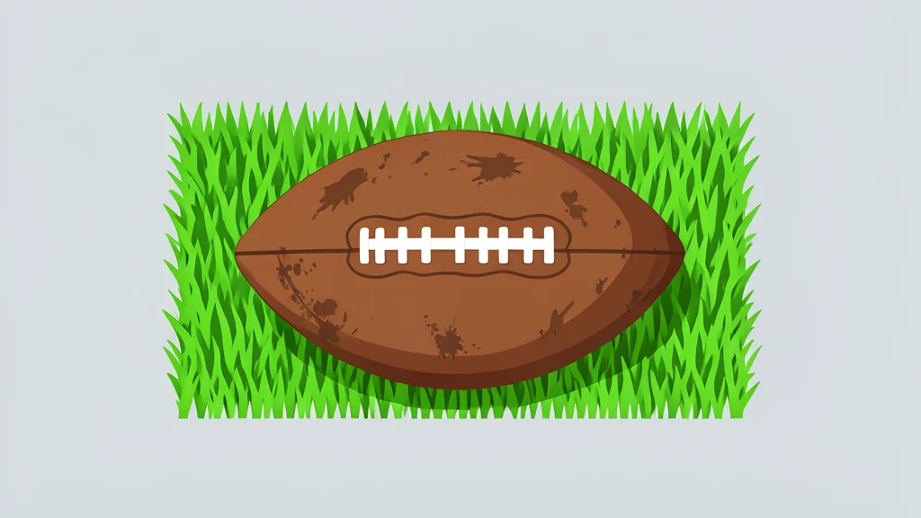 A worn leather football resting on green artificial turf