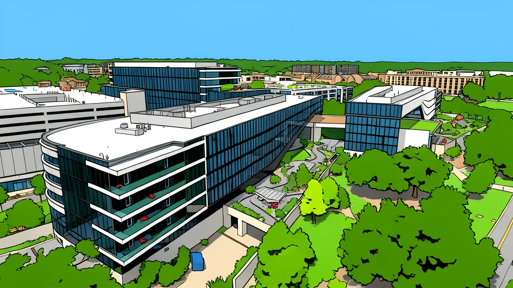 A modern glass office building with rows of server racks visible through the windows