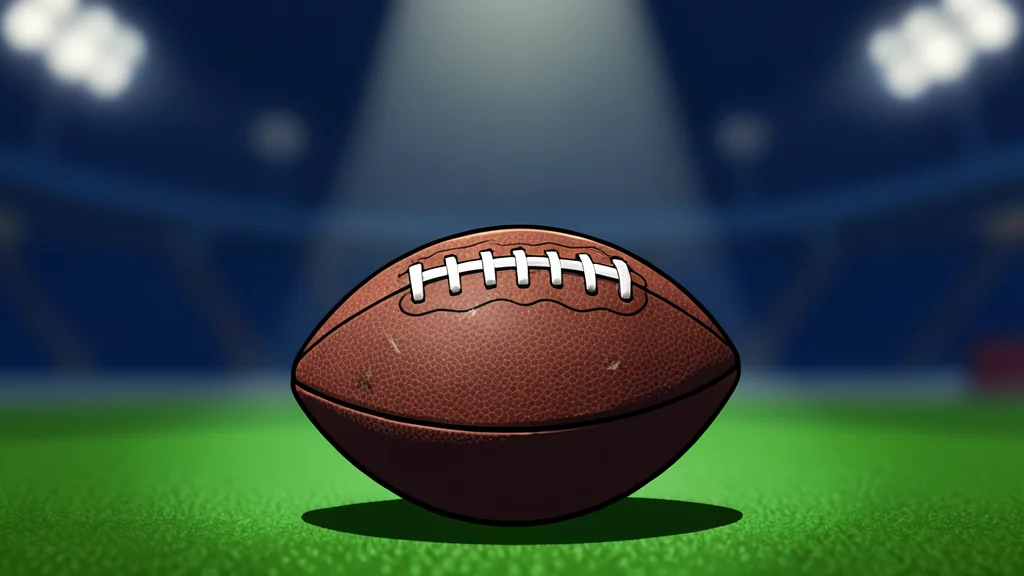 A green football field with white yard lines and a brown leather football resting on the grass
