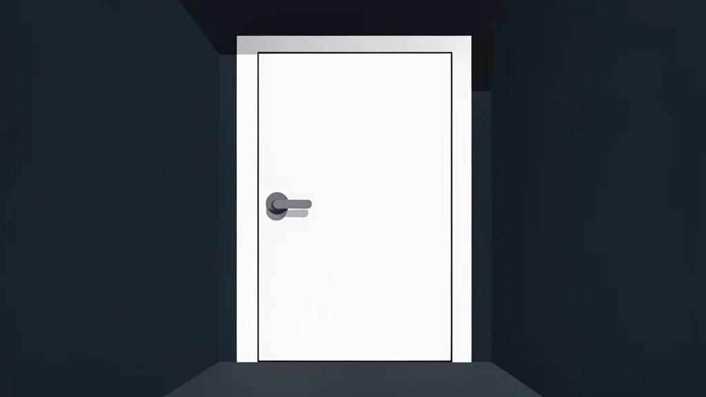 A closed white door with a heavy metal handle in a dimly lit hallway
