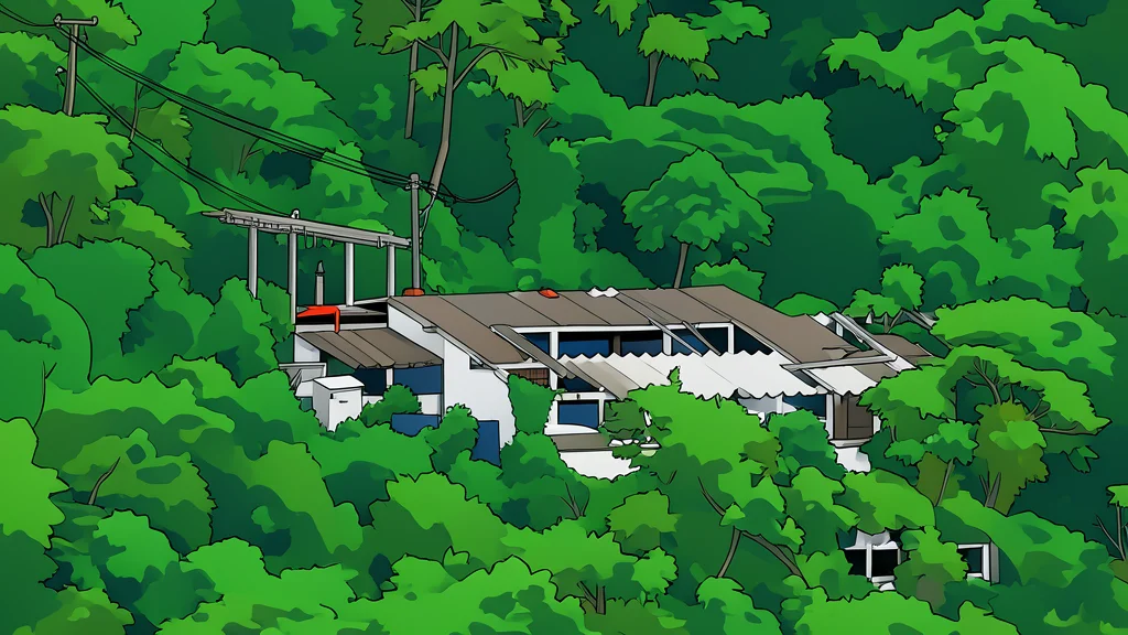 A cluster of industrial server racks with glowing status lights situated in a dense, misty mountain forest