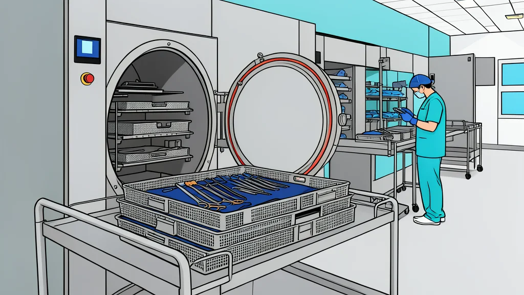 A sterile medical instrument tray with surgical tools arranged neatly on a white cloth