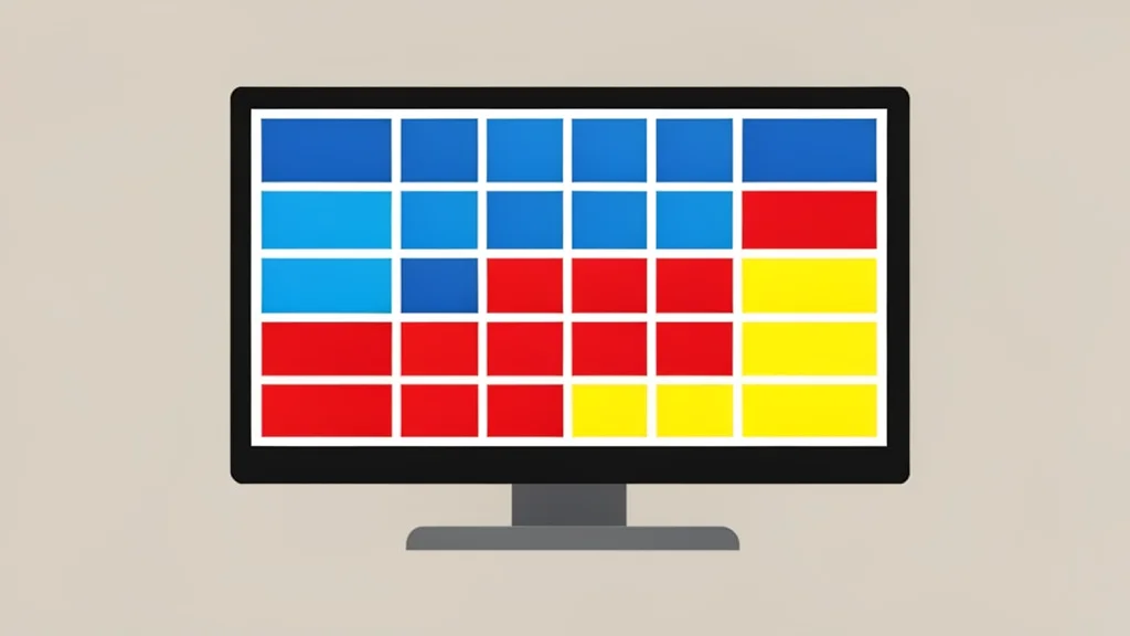 A flat-screen television displaying a grid of colorful rectangular tiles