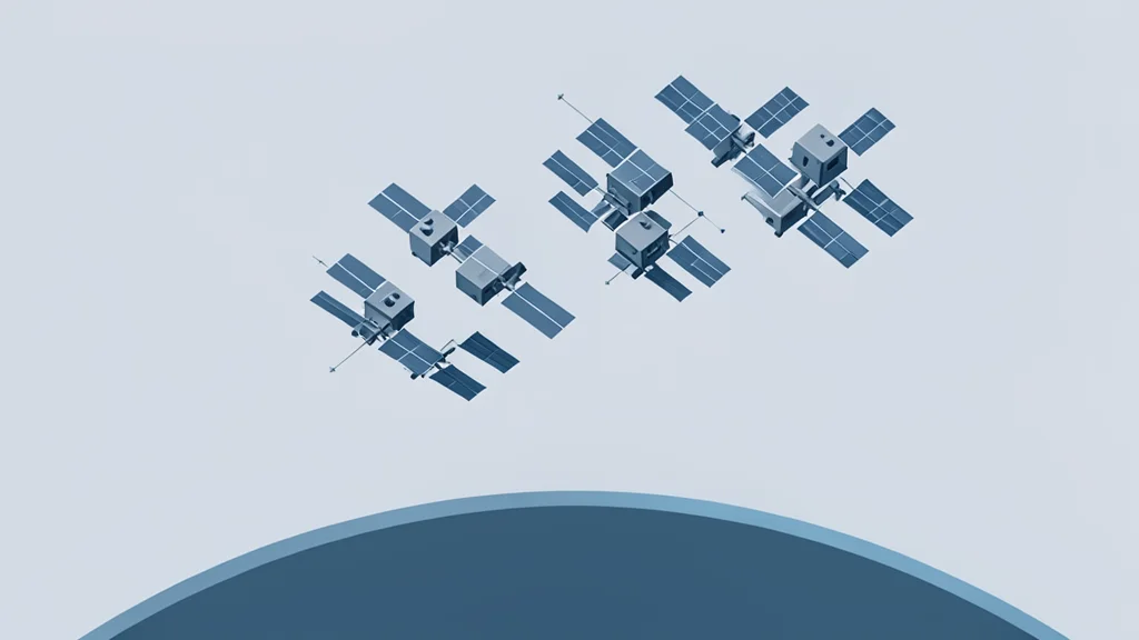 A cluster of small, boxy satellites with solar panels orbiting high above a curved horizon
