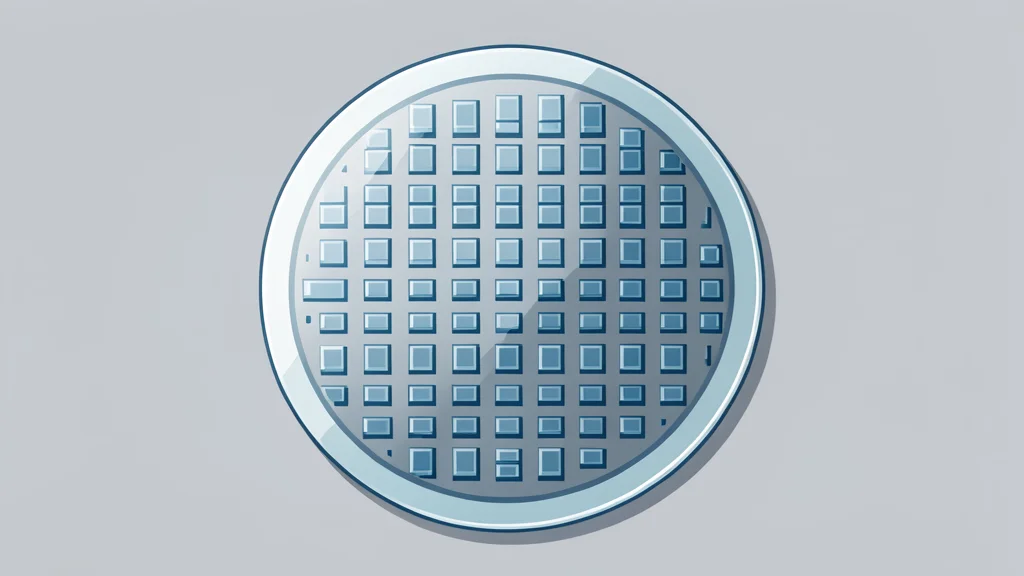A close-up view of a silicon wafer with a grid of square chips, resting on a clean laboratory surface.