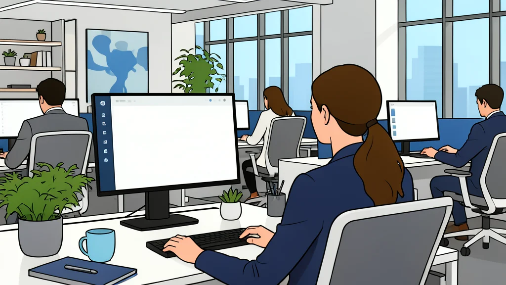 A modern office desk featuring a laptop and a coffee cup