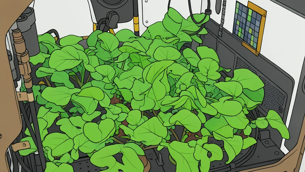 A hydroponic growing rack with leafy green plants inside a white laboratory module