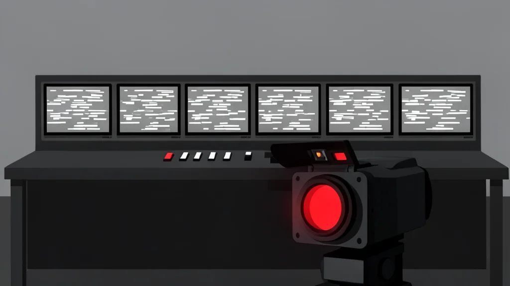 A television studio control room with multiple monitors displaying static noise and a single red recording light illuminated on a camera lens.