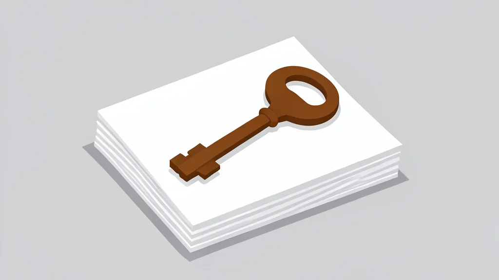 A wooden house key resting on a stack of paper documents