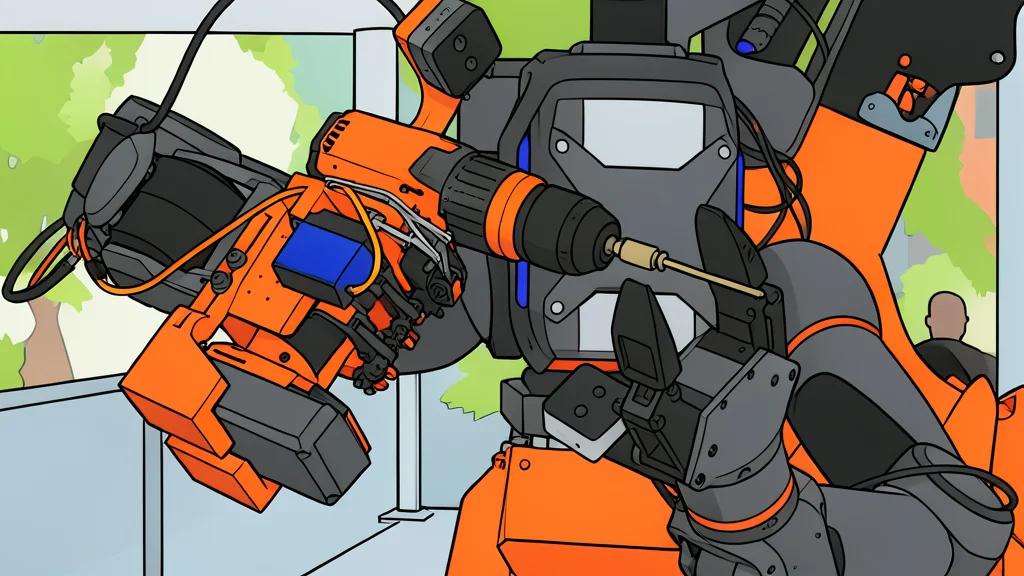 A mechanical robotic arm gripping a power drill on a concrete construction site