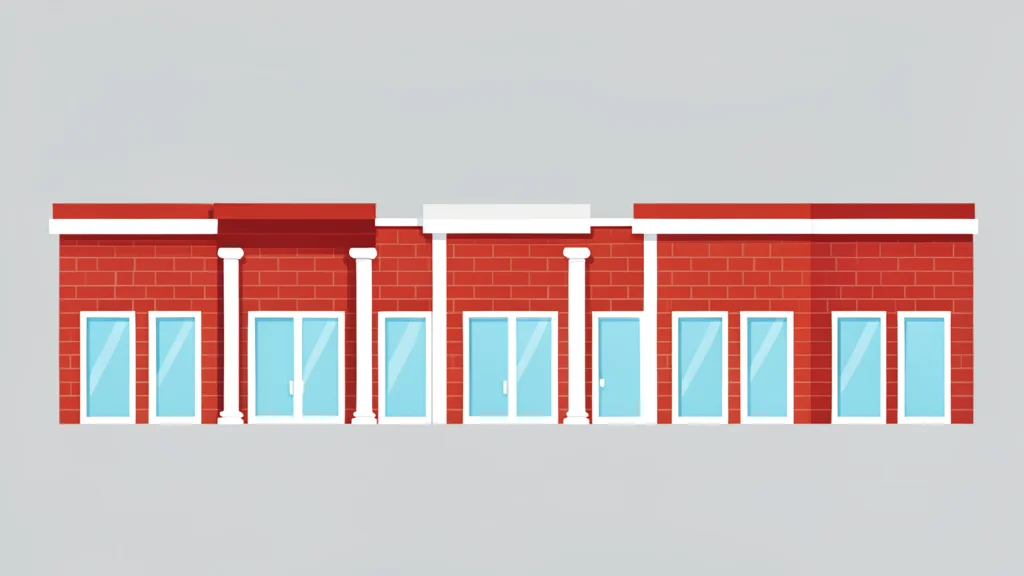 A row of red brick buildings with white columns and glass doors, representing a community financial institution