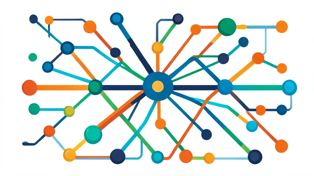 A digital interface displaying a complex network of interconnected nodes and flowing data streams