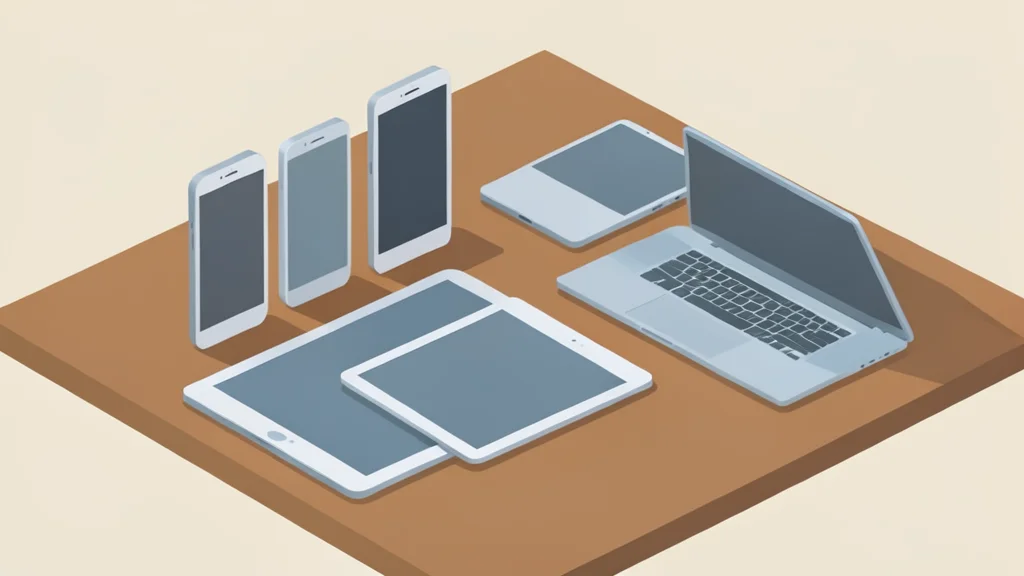 A cluster of modern smartphones, tablets, and laptops arranged neatly on a wooden table