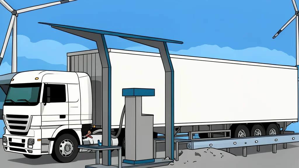 A flat-vector illustration of a hydrogen fuel cell truck parked next to a charging station.