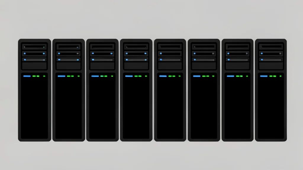 A modern server room with rows of black computer towers and blinking status lights