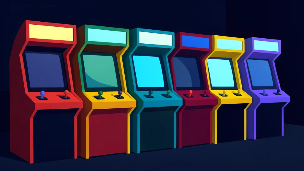 A row of colorful arcade cabinets with glowing screens and joystick controls in a dimly lit room