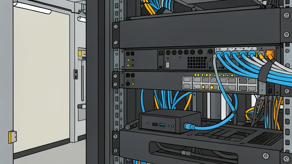 A dark server room with rows of blinking lights and tangled cables
