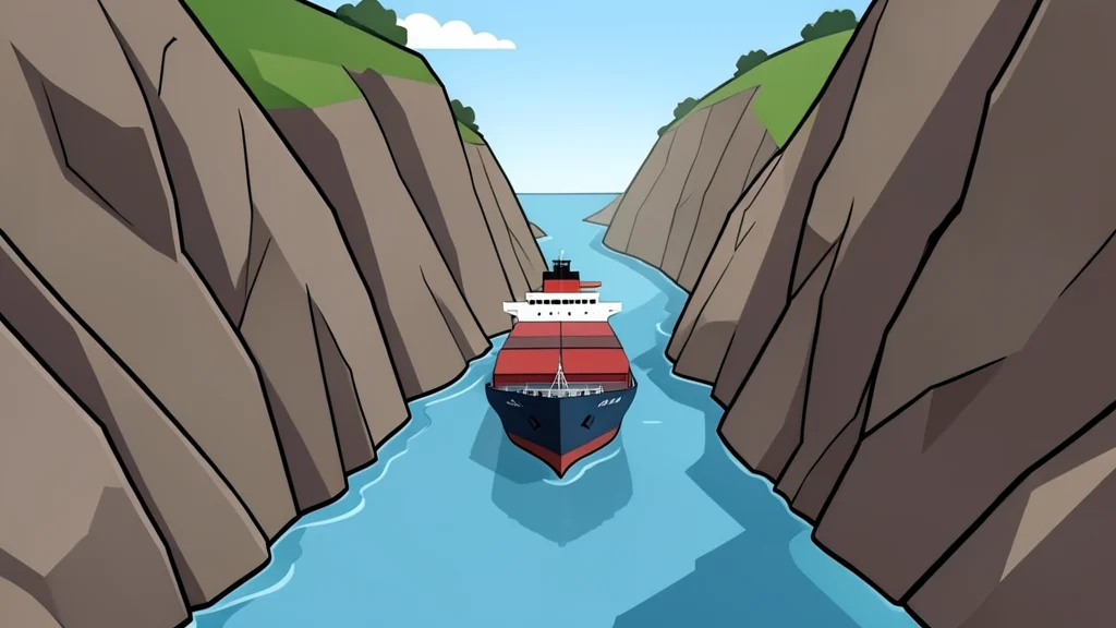 A large cargo ship navigating a narrow, winding waterway between steep rocky cliffs.