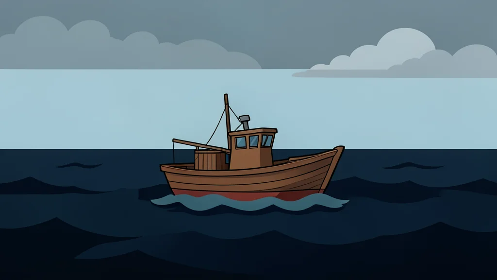 A small wooden fishing boat floating on dark, choppy ocean waves under a cloudy sky