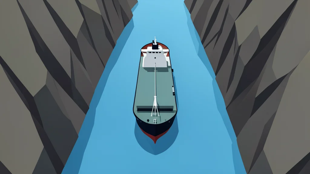 A large oil tanker navigating through a narrow, rocky strait between steep cliffs